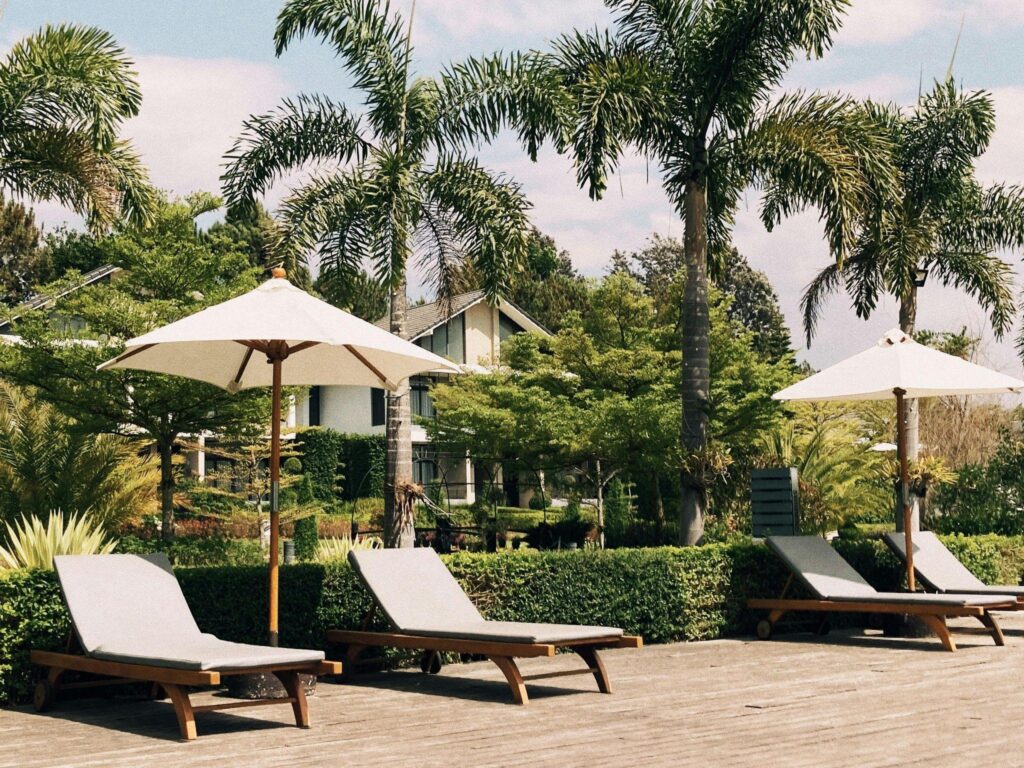 Poolside lounge chairs with umbrellas at a tropical resort surrounded by palm trees