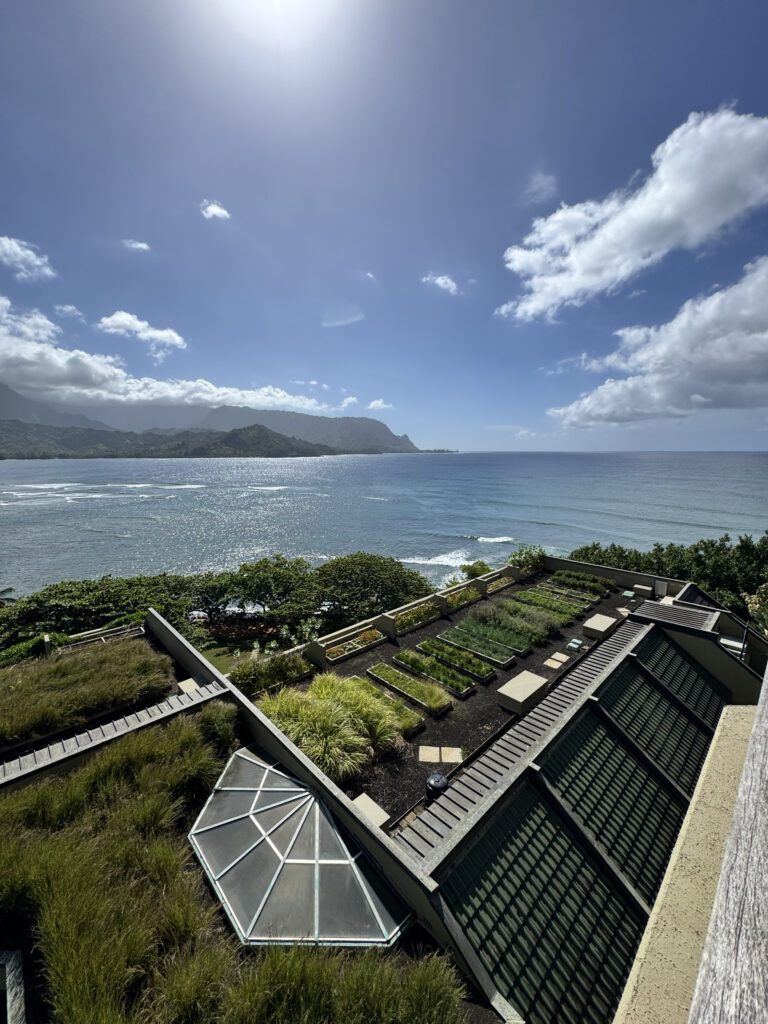 Ocean and mountain view from 1 Hotel Hanalei Bay with rooftop gardens