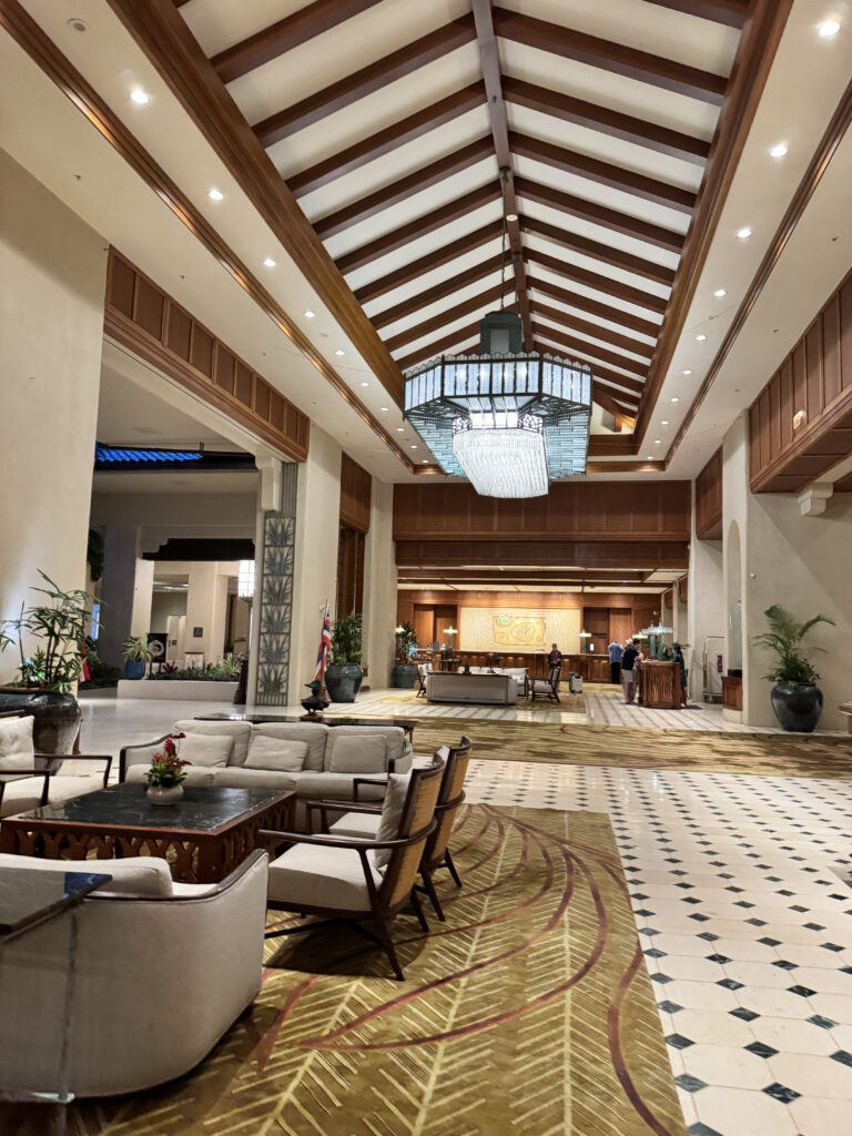 Grand Hyatt Kauai open-air lobby with vaulted ceiling