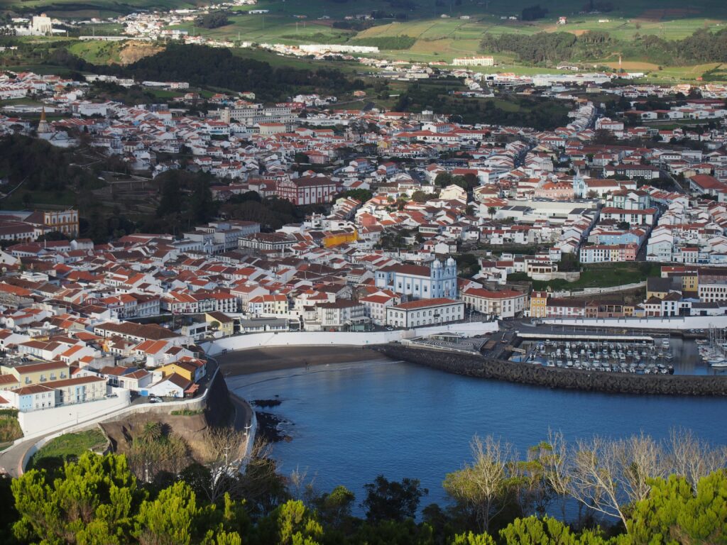 Aerial view of Azorean town with blue water, tiled rooftops and foliage in the foreground.